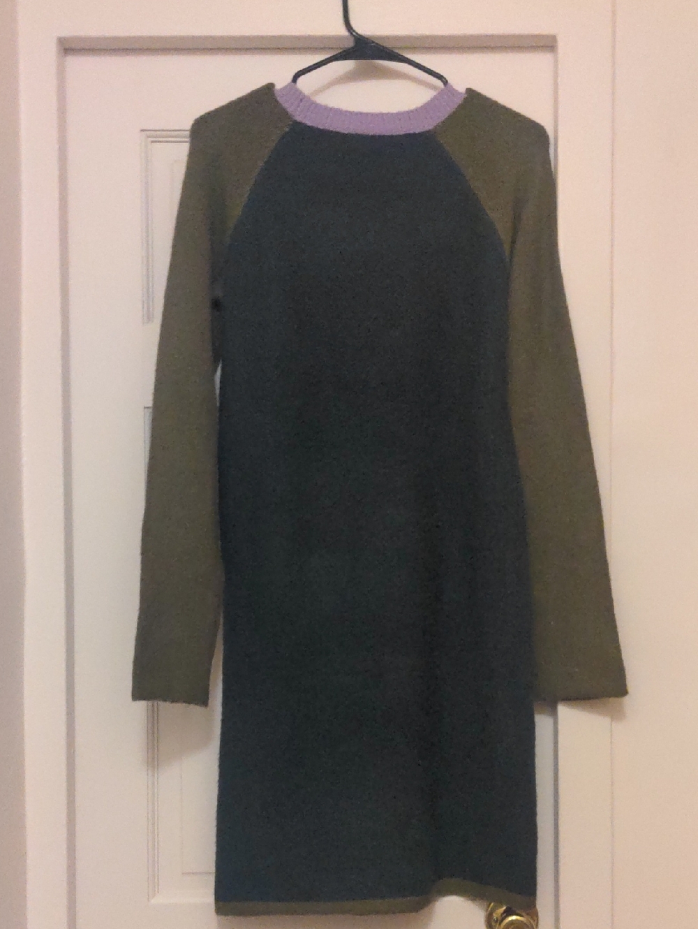 Leopard Print Animal Print Comfy Knit Dress with Olive Sleeves and Lavender Neck - Picture 5 of 5